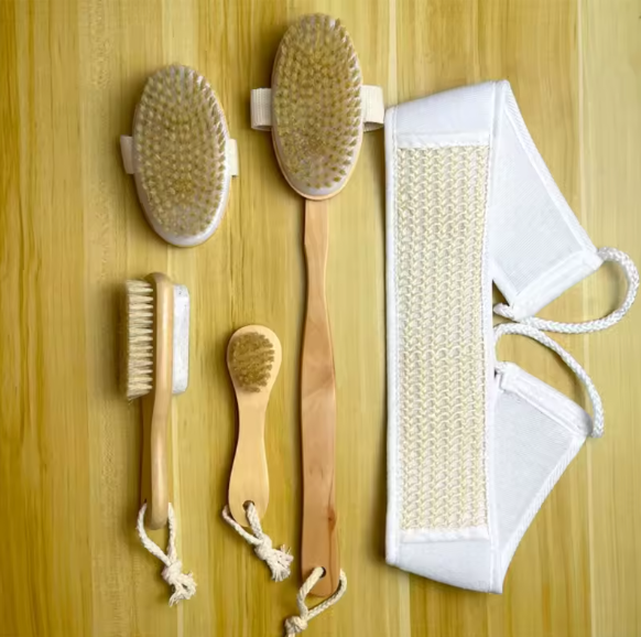 5-Piece Natural Bristle Bath Brush Set for Exfoliation and Dry Brushing