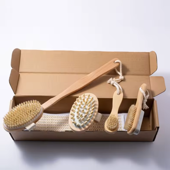 5-Piece Natural Bristle Bath Brush Set for Exfoliation and Dry Brushing