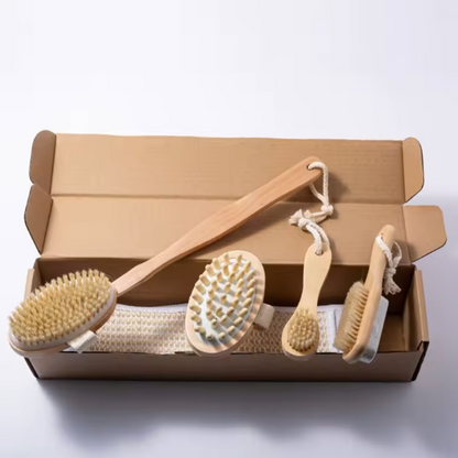 5-Piece Natural Bristle Bath Brush Set for Exfoliation and Dry Brushing
