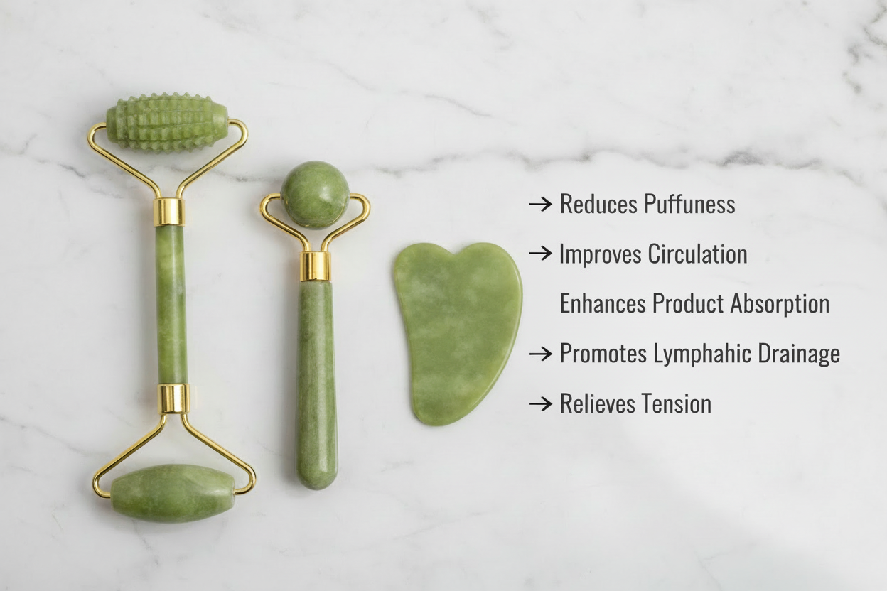 Natural Jade Facial Massager Set – Cooling Roller & Gua Sha for Sculpting and Relaxation